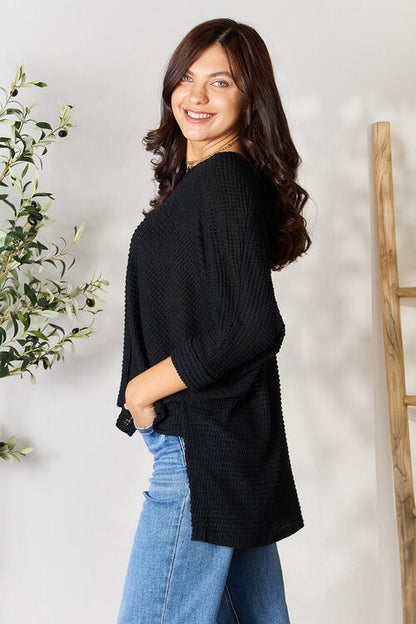 Zenana Full Size Round Neck High-Low Slit Knit Top Luvéillé