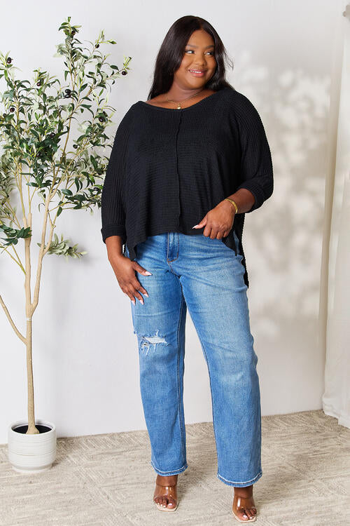 Zenana Full Size Round Neck High-Low Slit Knit Top Luvéillé