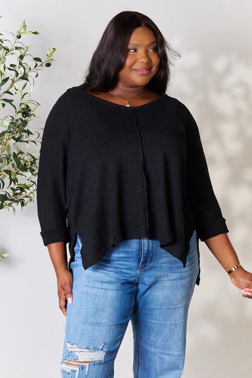 Zenana Full Size Round Neck High-Low Slit Knit Top Luvéillé