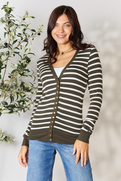 Zenana Full Size Striped Snap Down Cardigan Luvéillé