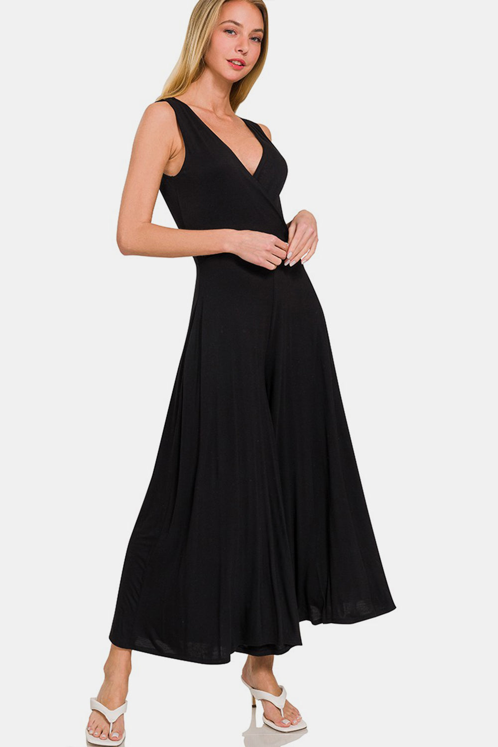 Zenana Surplice Neckline Sleeveless Jumpsuit Luvéillé