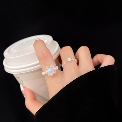 Ins Super Fairy Pearl Elastic Rope Two-piece Ring