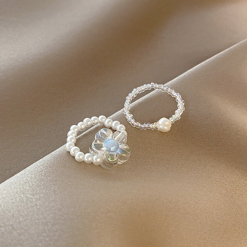 Ins Super Fairy Pearl Elastic Rope Two-piece Ring