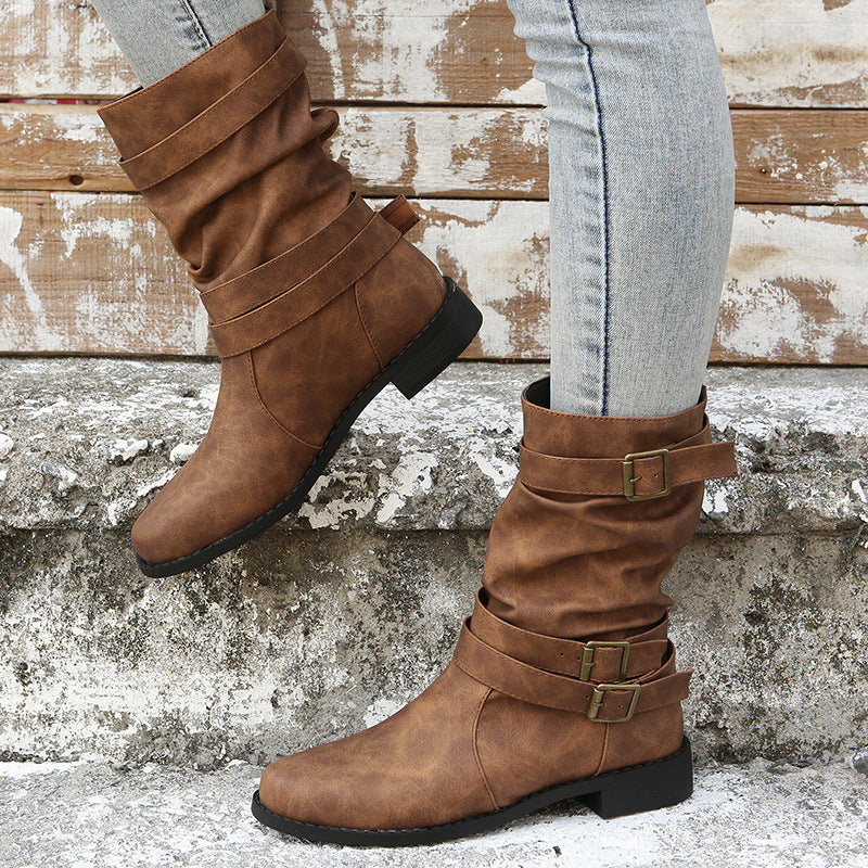 Low Heel Vintage Adjustable Buckle Boots