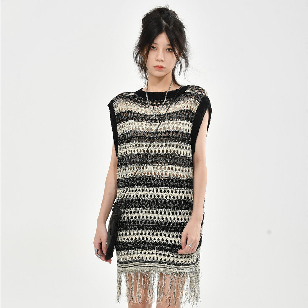 Women's Openwork Striped Knitted Loose Layered Hem Fringed Dress