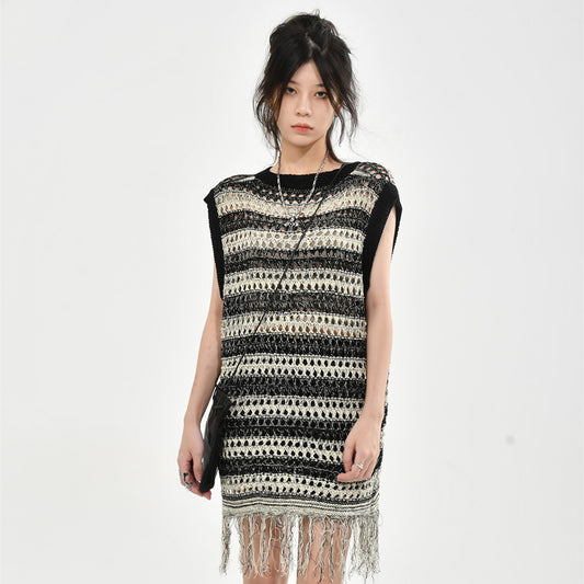 Women's Openwork Striped Knitted Loose Layered Hem Fringed Dress