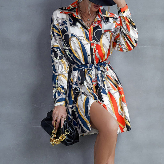 Mid-length Lapel Single-breasted Lace-up Printed Color Matching Lining