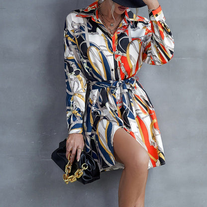 Mid-length Lapel Single-breasted Lace-up Printed Color Matching Lining