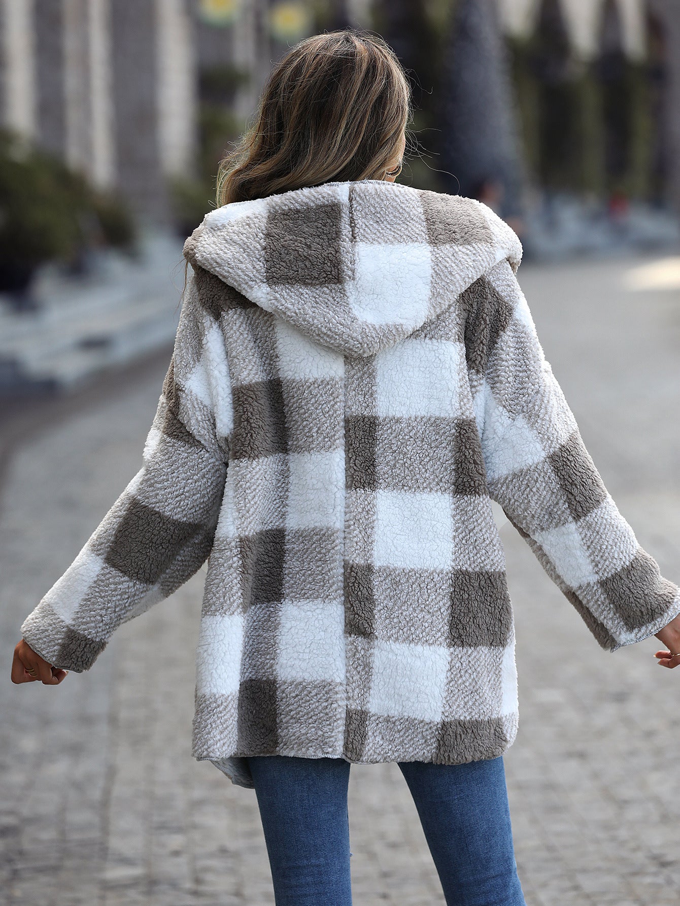 Plush Hooded Plaid Bubble Velvet Buckle-free Coat