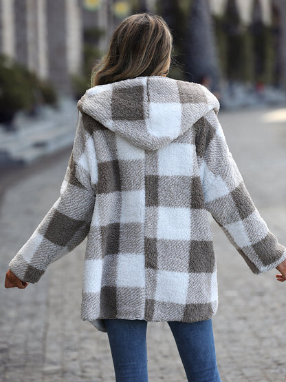 Plush Hooded Plaid Bubble Velvet Buckle-free Coat